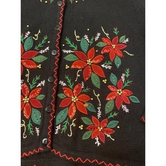 Kikit cardigan with red sequin poinsettias Ugly Christmas Sweater Size Large‎ - Picture 4 of 4